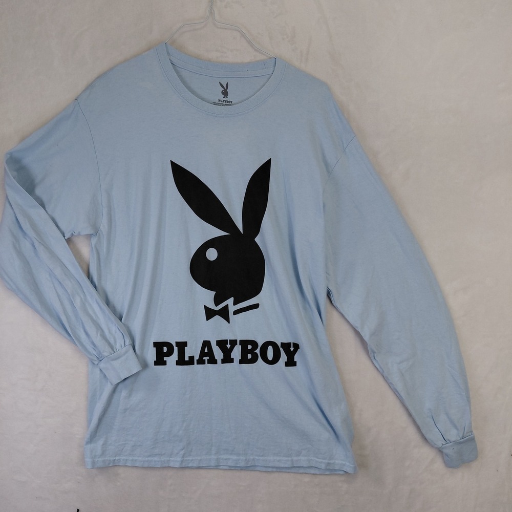 Playboy Mens Long Sleeve Graphic T-Shirt Light Blue Rabbit Logo Large L 2021